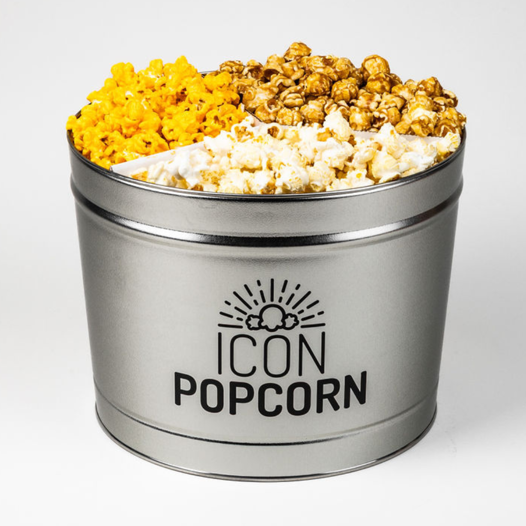 Gourmet Popcorn Tin with Butter, Cheddar, and Caramel